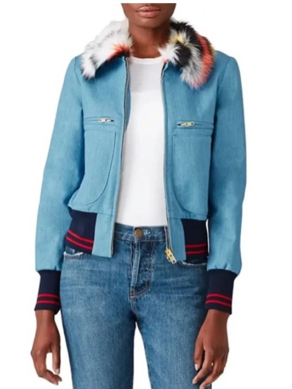 Harvey Faircloth designer denim bomber Jean jacket faux fur collar size XS - Picture 5 of 16